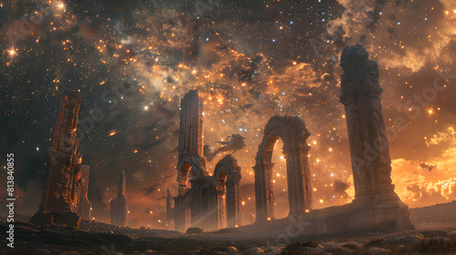 Photo realistic as Stars Over Historical Ruins concept as Ancient ruins bask under a star filled sky connecting historical grandeur with the timeless universe.
