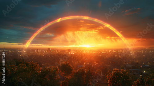 Suburban Sunset Rainbow: A stunning photo realistic concept of a suburban skyline basking in the glow of a sunset rainbow, offering residents a breathtaking view at day s end.