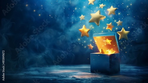 Premium feedback concept with stars flowing into a suggestion box, illustrating powerful customer influence