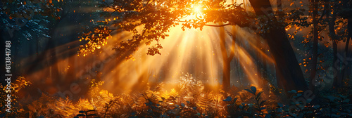 Sunset Through Forest: Setting Sun s Rays Paint Foliage in Warm Light Photorealistic Nature Concept