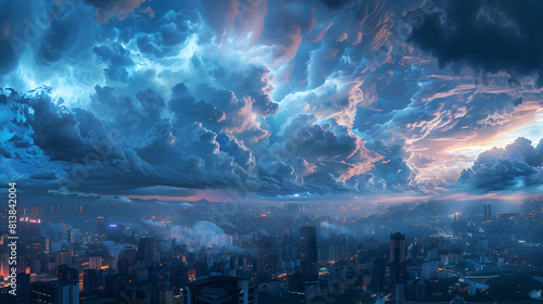 Thunderous Sky Over City: Urban Life vs Nature City Skyline Under Dramatic Thunderclouds in Photo Realistic Concept