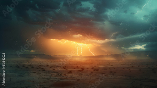Ravishing Photo Realistic Thunderstorm Over Desert: Lightning Illuminating Barren Landscape Stock Image Concept