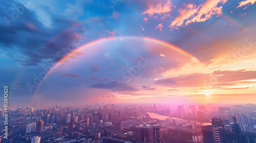 Urban Rainstorm: Nature Calm vs Urban Dynamism Photo Realistic Image Capturing a Rainbow Arcing Across the Cityscape