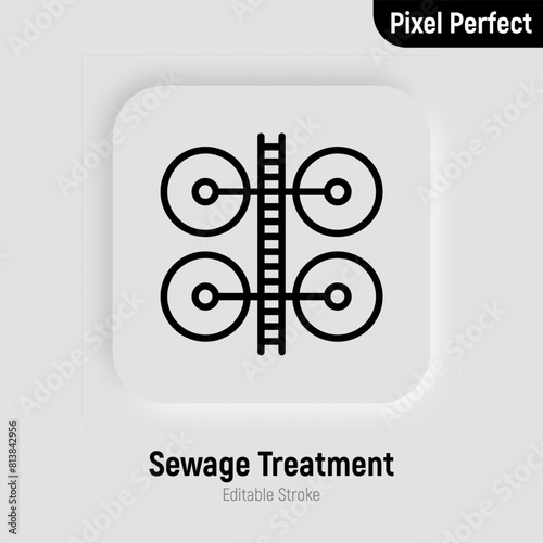 Water sewage treatment thin line icon. Industrial construction for water filtration. Pixel perfect, editable stroke. Vector illustration.