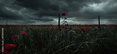 A field of red poppies, barbed wire fence, dark sky, flower in the middle.
