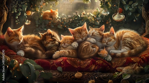 Cozy Kittens Napping Under Festive Holiday Tree with Ornaments and Foliage