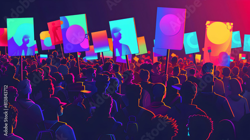 Empowering LGBTQ Rights March: Diverse crowd, speakers, banners advocate for equality in powerful flat design concept Adobe Stock illustration
