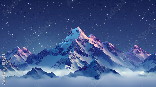 Snow Capped Mountains Meeting the Cosmos: Simple Flat Design Icon Peaks Under Starry Skies Isometric Scene Illustration