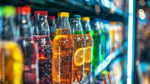 Detailed view of chilled drinks on display in a supermarket fridge, focused on clarity and lighting to enhance advertising appeal