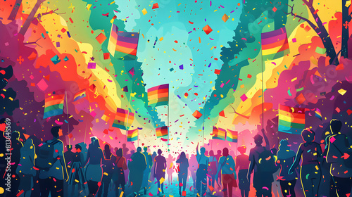 Pride Parade Extravaganza: Revelers March with Rainbow Flags and Vibrant Costumes Flat Design Icon Illustration