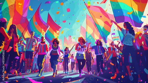 Pride Parade Extravaganza: Revelers Marching with Rainbow Flags, Joy, and Vibrant Costumes Flat Design Icon Illustration