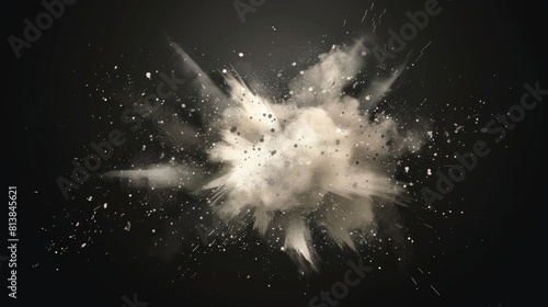 The top view of an ash powder explosion is depicted here, with realistic dust particles isolated on a transparent background. Abstract flying brush splatter with granules. 3d cracked grainy asphalt.