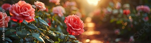 Close-up of beautiful red roses growing in a garden with a warm sunlight in the background.