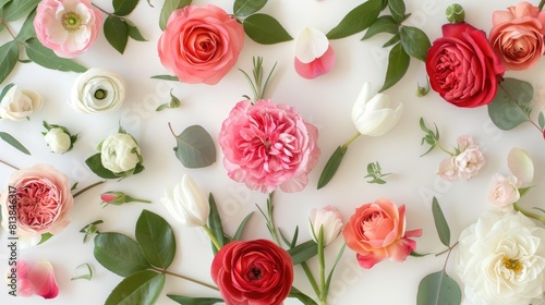 A captivating flat lay seen from above showcasing a delightful mix of pink and red roses alongside vibrant ranunculus white tulips and lush green leaves against a pristine white backdrop