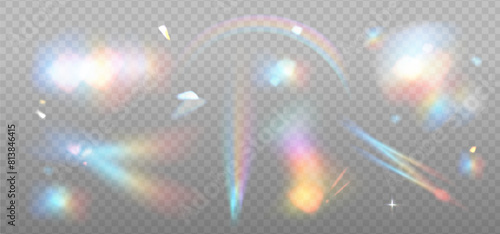 Big set of colorful lens, crystal rainbow light and flare transparent effect elements. Overlay templates. Triangular holographic glass prism concept. Vector eps10