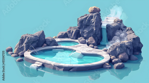 Unique Natural Spa Experience: Simple Flat Design Icon of Thermal Pools in Volcanic Setting