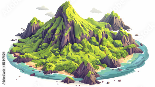 Aerial View of Volcanic Archipelago: Isometric Flat Design Illustration of Diverse Formations and Vibrant Island Life