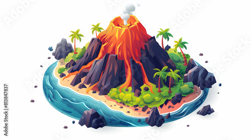 Aerial View of Vibrant Volcanic Archipelago: Simple Flat Design Icon Showcasing Diverse Formations and Life on Each Island
