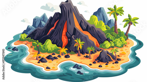 Aerial View of Volcanic Archipelago: Isometric Flat Design Icon Showing Diverse Formations and Vibrant Life on Each Island