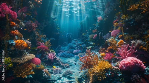 A bustling and colorful coral reef alive with a variety of marine creatures, viewed from beneath the waters surface.