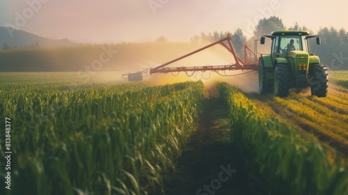 farmer is spraying a young corn field with pesticides using a Tractor .AI generated image