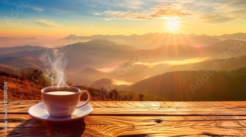 a calm and peaceful moment as the sun rises or sets over the mountains and On an ancient wooden table, there is a steaming cup of tea or coffee.