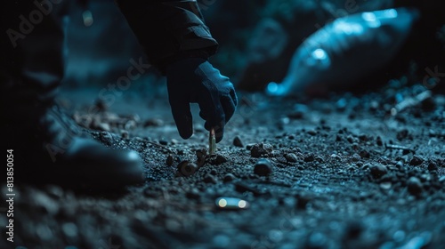 In a documentary, a forensics specialist finds a bullet shell at a crime scene at night. An expert determines the potential cause of death while bagging a cartridge and zipping it for evidence.