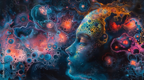 Swirling blue illustration of a human mind concept with light and energy patterns resembling a dreamlike universe