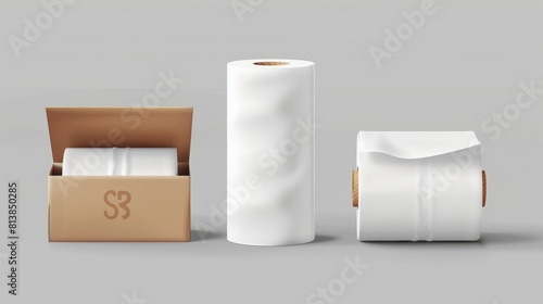 Isolated on grey background is a realistic modern set of toilet paper or hygiene tissue roll mockups.