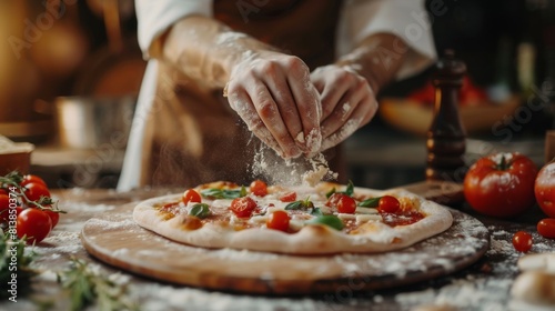 Chef preparing pizza, kneading dough, adding ingredients, and making special sauces. Authentic Italian Pizzeria with Delicious Organic Food.