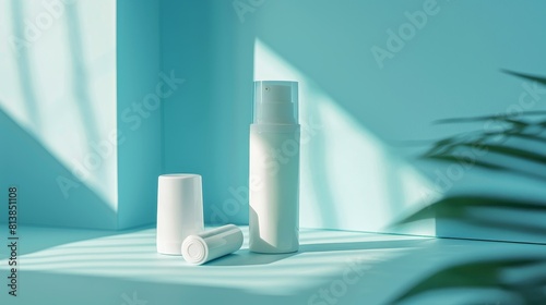 Close-up shot of a deodorant spray bottle with a roll-on next to it, perfectly lit and isolated, emphasizing focus and clarity for advertising