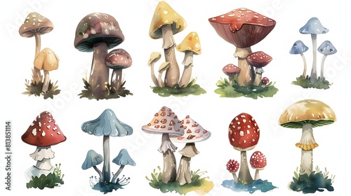 Assorted Colorful Mushroom Varieties Growing in a Fantasy Forest Landscape