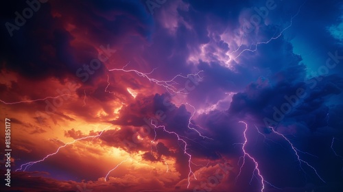 Close-up of multiple bolts of lightning striking across the sky, with precise clarity and focus against a dramatic isolated background, studio lighting