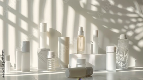 Close-up of deodorant spray and roll-on bottles, arranged neatly on an isolated white background under bright studio lighting