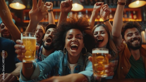 Cheerful friends enjoying a pub meal and cheering for their team. Supportive fans cheering, applauding and shouting. Joyful friends celebrating victory after scoring the winning goal.