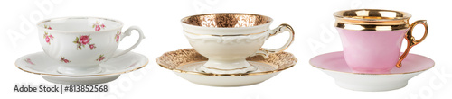 drink me! - set of three fancy old-fashioned tea or coffee cups isolated over a transparent background, white with rose pattern, golden and pink with gold border, cut out beverage design elements, PNG