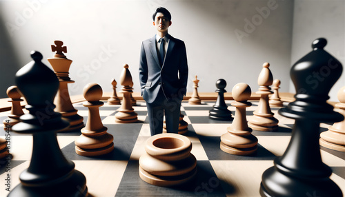 チェス板の上に立つ日本人サラリーマン