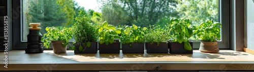 Indoor herb garden in pots on a sunny windowsill