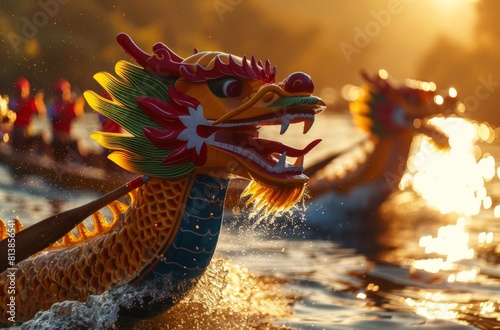 The golden hour illuminates a dragon boat race, with rowers in sync and water sparkling, capturing the spirit of this vibrant cultural event. Asian festival