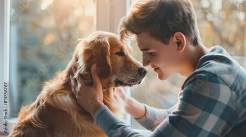 Young Dog Owner Happy to See His Pet Golden Retriever Alive and Well after a Veterinary Procedure in a Modern Veterinary Clinic. Boy Bonding and Petting the Dog.