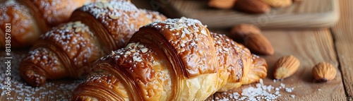 Freshly baked croissants with almonds on a wooden table.