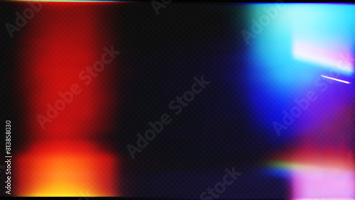 Film leak light overlay texture background with neon and iridescent stripes. Rainbow lens flare effect on crystal glass or camera film filter with bokeh. Laser beam strip. 3D vector light background