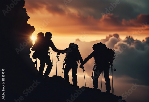 silhouette, climbers, helping, reach, top, mountain, cloudy, sky, sunset, time, silhouette, of, climbers, helping, reach, top, mountain, cloudy, sky, sunset, time, silhouette, climbers, helping, reach