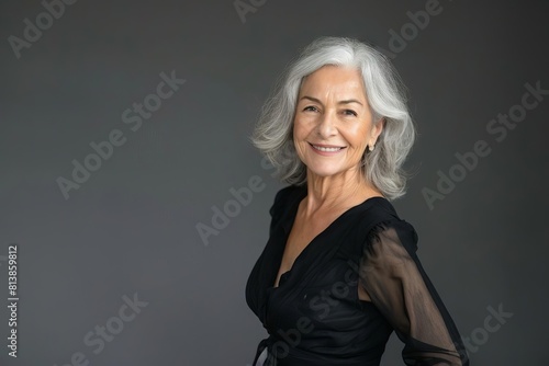 smiling senior woman with gray hair in black dress confident portrait studio photography