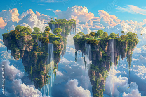 A surreal landscape featuring fantastical floating islands adorned with lush vegetation and cascading waterfalls, set against a dreamy sky filled with fluffy clouds