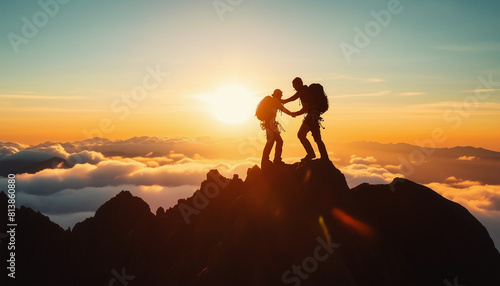 silhouette of climbers helping each other reach the top of mountain cloudy sky at sunset time 