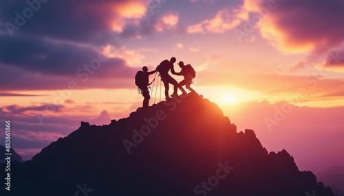 silhouette of climbers helping each other reach the top of mountain cloudy sky at sunset time 