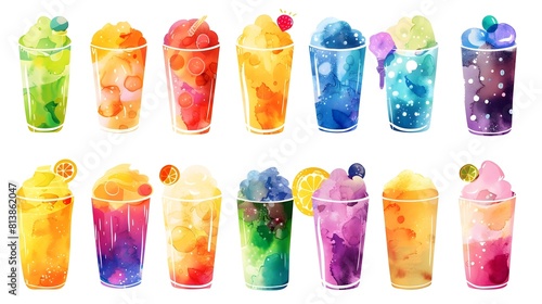 Assortment of Colorful Layered Chilled Beverages in Glasses with Straws