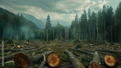 Deforestation, half cut tree trunk among forest logs, nature pollution