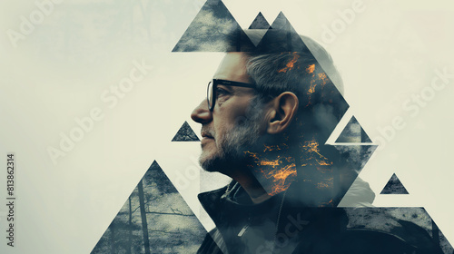 Portrait of a man with glasses with a double exposure effect with glitch technique.